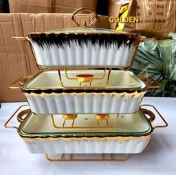 Image du produit Plats de service 3 niveaux en céramique et or avec réchauds